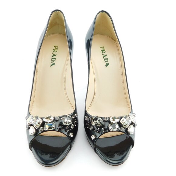 PRADA Crystal Embellished Black Patent Leather Peep Toe Heel Pumps 37 - Picture 3 of 10